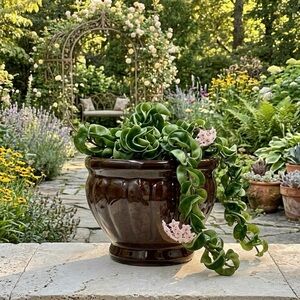 Glossy Brown Ceramic Barrel Planter with Drainage, 7-inch Round Indoor Outdoor